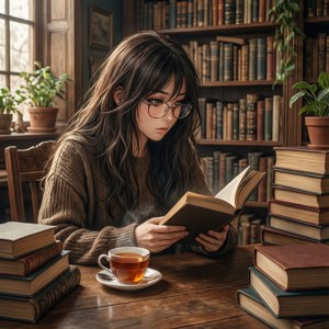 Monika leser på et bibliotek med te — Motorola Razr 2026 Bakgrunner