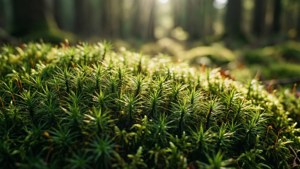 Nærbilde av frodig grønn mose i sollys i skogen.