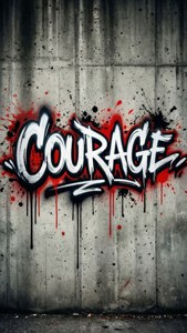 Dristig graffiti 'Mot' på betong med røde og svarte sprut, urban grunge. — Estetiske ord Bakgrunner