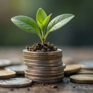Et bakgrunnsbilde som viser en plante som vokser fra mynter, som representerer lån brukt til investering og vekst. — Pixel Watch 4 Bakgrunner
