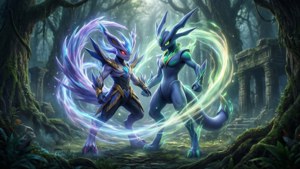 Zacian og Zamazenta i den tåkete Slumbering Weald