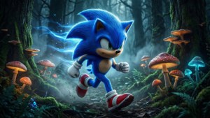 Sonic suser gjennom en glødende, fortryllet skog.