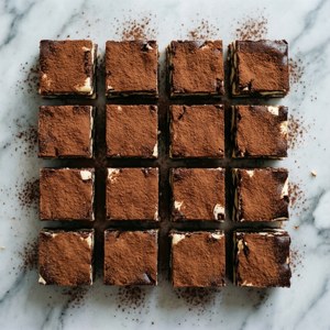 En flat lay av Nanaimo-bar-firkanter på marmor med kakaopulver. — Pixel Watch 4 Bakgrunner