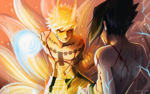 Bakgrunnsbilde av Naruto med ni haler og Sasuke i kamp — Naruto og sasuke Bakgrunner