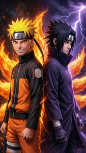 Naruto og Sasuke står rygg mot rygg med kreftene sine. — iPhone 7 Bakgrunner