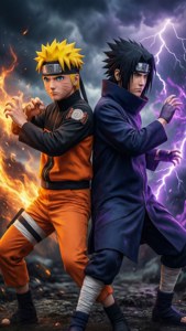 Naruto og Sasuke rygg mot rygg i kampstilling.