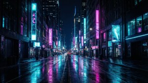 Livlig neon bybilde med dype svarte toner for OLED-skjermer.