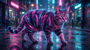 En katt med neonlysstriper som går i en cyberpunkby. — Katt Bakgrunner