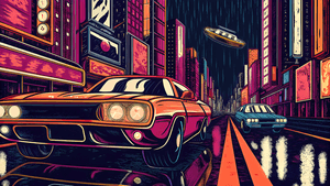 cyberpunk by, futuristisk horisont, neonlys, flyvende biler, regnvåte gater, holografiske skilt, rosa og blå glød, tåkete atmosfære, sci-fi storby, nattlig bybilde, filmatisk belysning, digital kunst, fotorealistisk, dystopisk urbant scene, Fremtid, Fremtidens by, Fremtidens bakgrunn, Cyberpunk, Bil, Bil 4k