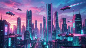 En futuristisk bysilhuett i skumringen med neonlys i rosa og cyan. — Estetisk kunst Bakgrunner