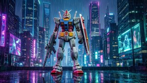 Gundam i en cyberpunk-by med neonlys.