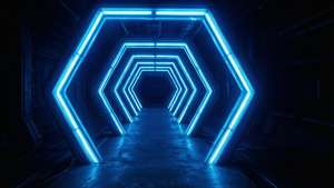 Et perspektiv av en blå neon sekskantet tunnel, futuristisk og glødende. — Neon blå estetikk Bakgrunner