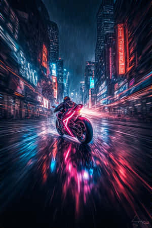 neon motorsykkel, byjakt, mørk by, lysspor, natt, levende, cyberpunk, filmatisk, 4K, portrett bakgrunnsbilde — 4K Bakgrunner
