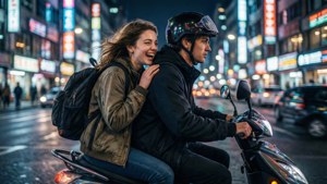 Vivo og Gabi suser gjennom neonopplyste bygater på en scooter. — Vivo Bakgrunner