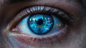 Nærbilde av et øye med neongrønn glød, cyberpunk-stil — Neon blå Bakgrunner