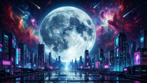 En lysende måne over en cyberpunkby med en levende galaksehimmel. — Galakse måne Bakgrunner