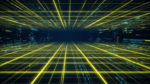 Et sci-fi-rutenett i neongult og mørkeblått, futuristisk digital bakgrunn.