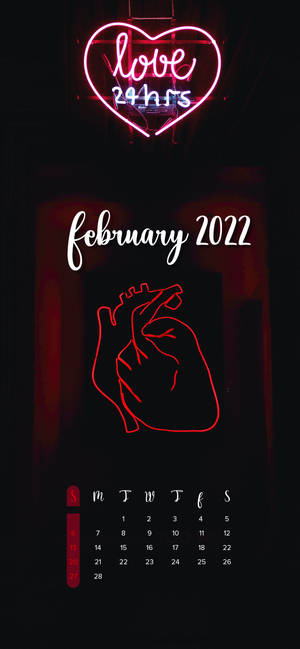 Neonhjerte Februar 2022 Kalender bakgrunnsbilde — iPhone 17 Bakgrunner