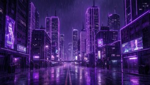 Glødende neonlilla bysilhuett i cyberpunk-stil