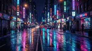 Cyberpunk bygate om natten med neonlys og våte refleksjoner.