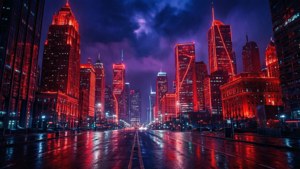 En filmatisk neonrød bysilhuett om natten med våte gater og cyberpunk-atmosfære. — Neon rød Bakgrunner