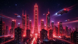 Futuristisk neonrød bysilhuett om natten med cyberpunk-estetikk. — Neon rød Bakgrunner