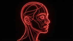 Minimalistisk neonrød linjekunst ansiktsprofil på svart. — Neon rød Bakgrunner