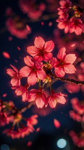 Eteriske neonrøde kirsebærblomster som lyser i mørket. — Neon rød Bakgrunner