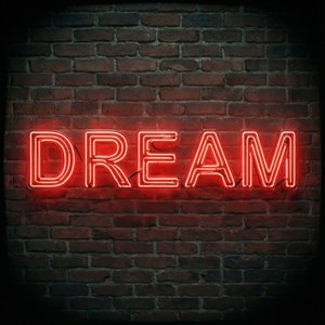 Inspirerende neonrødt DREAM-skilt på murvegg. — Neon rød Bakgrunner