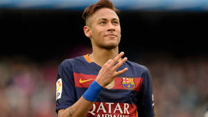 Neymar jr. viser 3-fingertegnet i FC Barcelona-trøye bakgrunnsbilde.