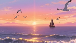 En fantastisk anime-solnedgang over havet med varme farger og en nostalgisk følelse. — Anime landskap GIF Bakgrunner