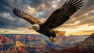 En ørn som flyr over en canyon ved solnedgang, dramatisk og majestetisk. — iPad Bakgrunner