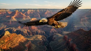 En ørn som flyr over Grand Canyon i solnedgangen.