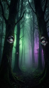 Glødende øyne ser fra en mørk, tåkete skog. — Trippy mørk estetikk Bakgrunner