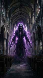 Omen dukker opp fra mørket i en skummel katedral i dette Valorant-bakgrunnsbildet. — iPhone 7 Bakgrunner