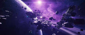 Ultrawide lilla lys, satellitt og meteorsteiner i verdensrommet. — 2560x1080 Bakgrunner