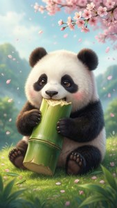 Søt kawaii-panda som nyter bambus om våren. — Kawaii Bakgrunner
