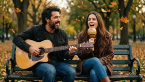 Vivo og Andrés spiller musikk på en parkbenk om høsten. — Vivo Bakgrunner