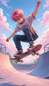 En fargerik anime-skatergutt som utfører et triks på en drømmeaktig himmel. — Skater boy estetikk Bakgrunner