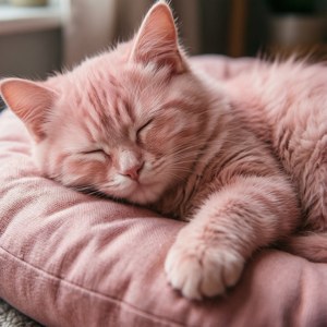Pastellrosa fluffy katt som sover på en pute — Pastellrosa Bakgrunner