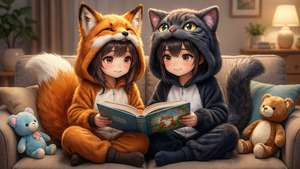 To anime-barn i dyrekostymer leser en bok sammen i en koselig sofa. — Anime barn Bakgrunner