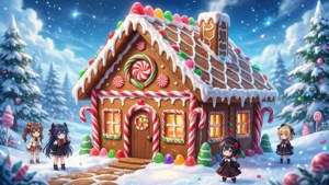Anime pepperkakehus med godteri og snø, fantasystil.