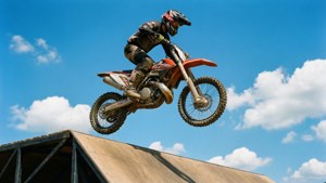 Et klart blått himmelhopp av en dirtbike som letter fra en rampe.