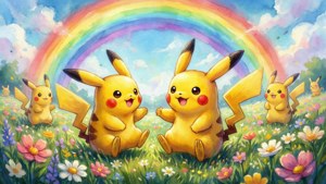 Søt akvarell av Pikachu som leker i en blomstereng med en regnbue. — Nintendo Bakgrunner