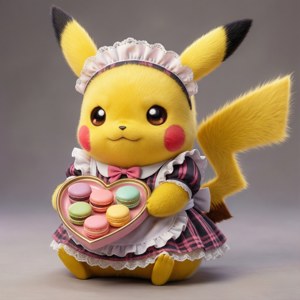 Pikachu i stuepikeantrekk som serverer makroner, et søtt og kawaii-bakgrunnsbilde.