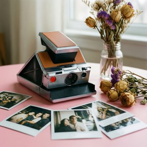 En myk pastellstilleben med et vintage Polaroid-kamera og bilder