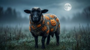 Søt svart sau med pumpemønster på en tåkete eng under fullmåne. — Søt Halloween Bakgrunner