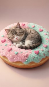 Pusheen som sover i en donutformet seng, et super søtt kawaii-bakgrunnsbilde for katteelskere. — iPhone 7 Plus Bakgrunner