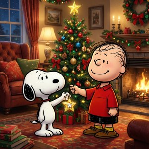 Snoopy og Charlie Brown pynter juletreet sammen i et varmt rom. — Motorola Razr 2026 Bakgrunner