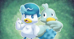 Quaxly og Ducklett på grønn bakgrunn — Anime skrivebord Bakgrunner